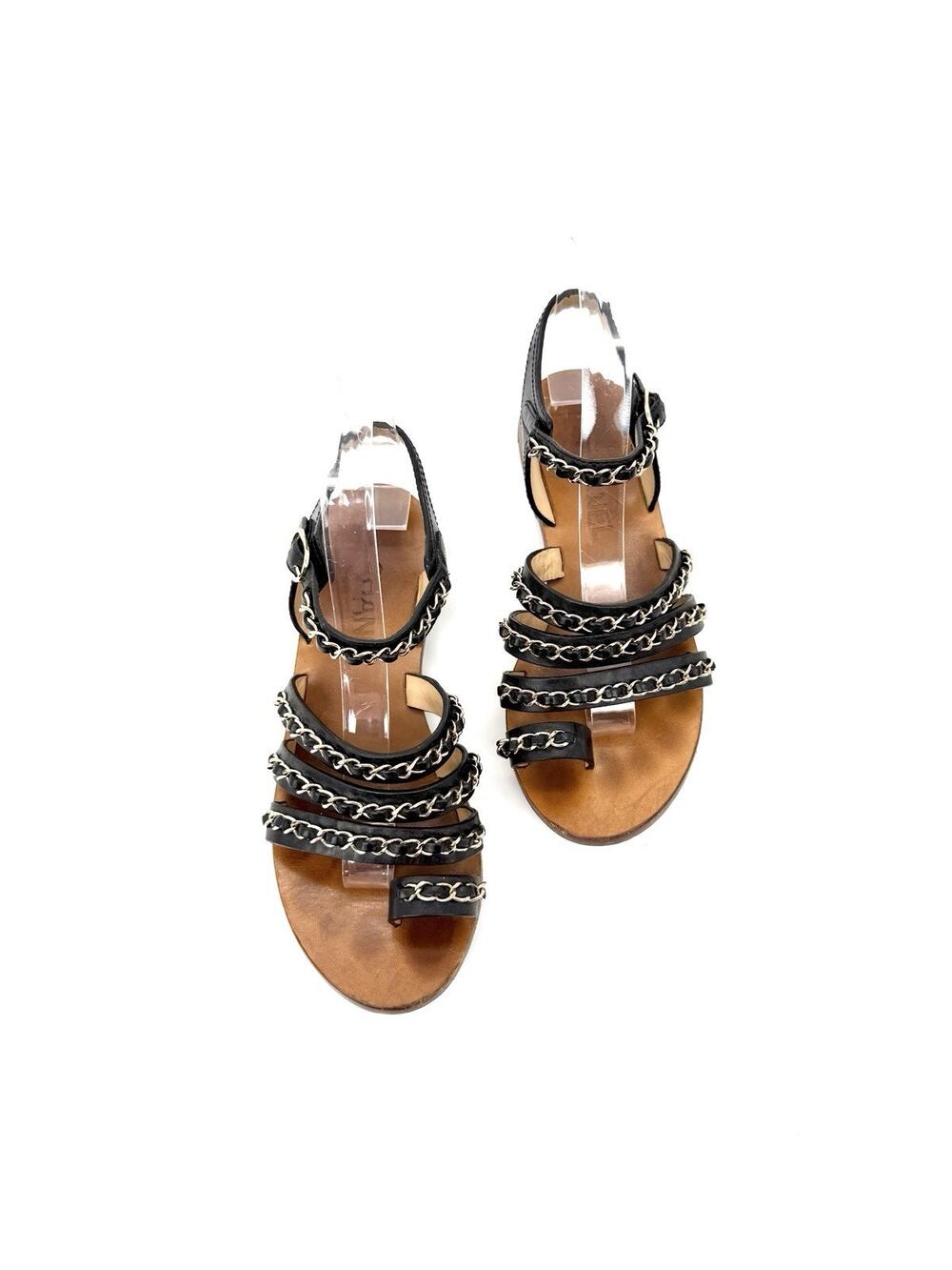 Chanel CC Logo Gladiator Sandals 37.5 US 7.5 Leather Multi Strap Chain Link